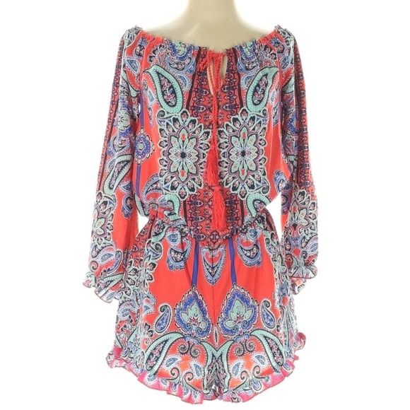 VENUS Coral and Blue Paisley‎ Off the Shoulder Romper Ruffle Shorts Size 12 - Picture 1 of 9